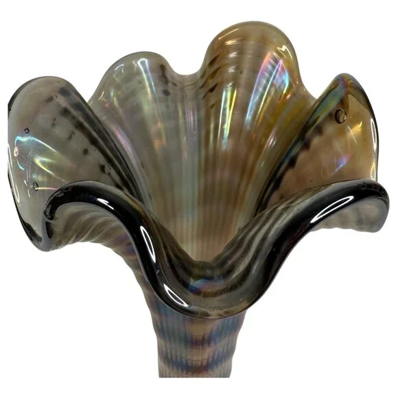 Vintage Imperial Ribbed Carnival Glass Swung Vase Iridescent Brown Purple Clear - Picture 10 of 11